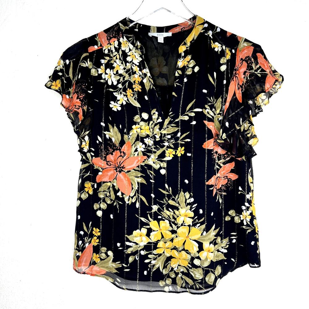 Joie Marlina B Floral Silk Top Floral Print Metallic Ruffle Sleeve Keyhole XXS